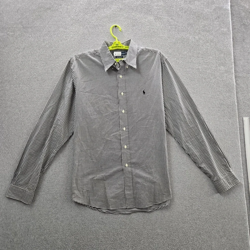 Ralph Lauren Men Button Up Shirt 17X36 Black Embroidered Check Custom Fit